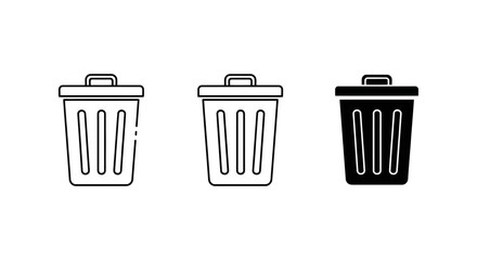 Three Trash Can Icons Different Styles Isolated.
