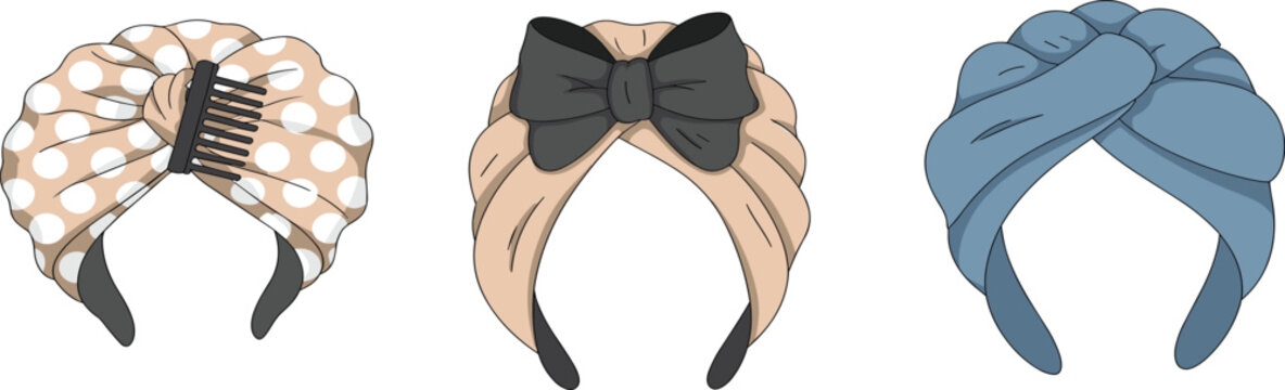 Set of stylish female hair accessories including polka dot headband bow headband and blue twisted turban vector illustration