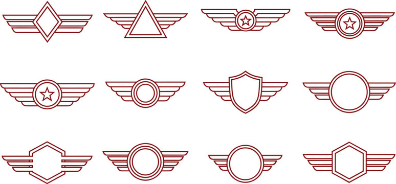 Winged badge emblem collection with shields, stars, circles, and geometric frames in vintage red line art style for logos and branding
