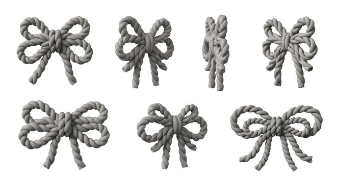 various angles of grey rope bows on white background nautical or decorative knots good for craft design