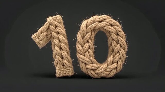 Rope Twisted Ten Numeral Sculpture Formed From Natural Fiber.