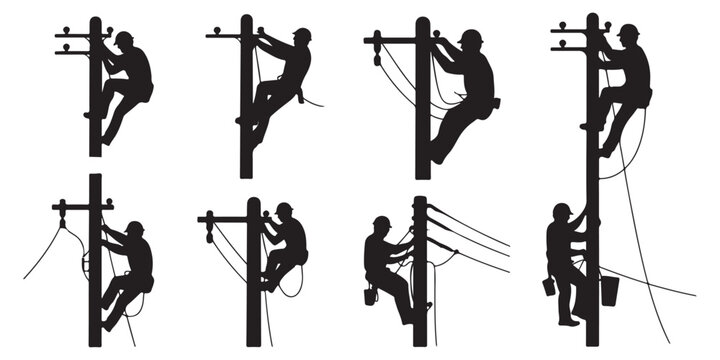 Electrical lineman silhouettes working on power poles with tools professional technicians maintenance set