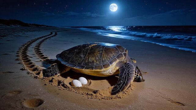Sea turtle laying eggs on beach at night