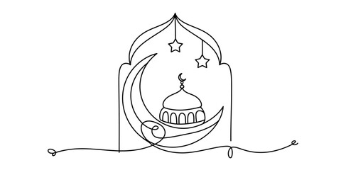 One line drawing of a crescent moon and mosque dome under a decorative arch with stars. Vector, illustration © Pabon Art Gallery