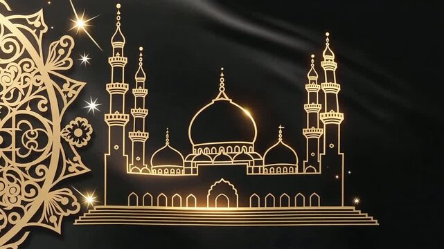 Golden Ramadan Mosque Silhouette with Ornamental Pattern and Light.