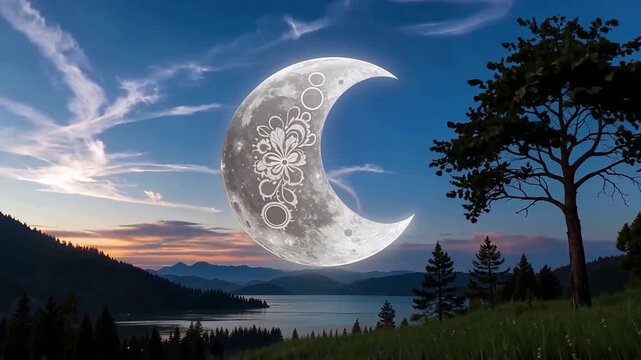 Moon Crescent Over Serene Mountain Lake Landscape.