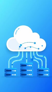 An animated cloud computing icon with server blocks, smooth data flow animation, slow left-to-right camera pan, flat vector design, loopable.