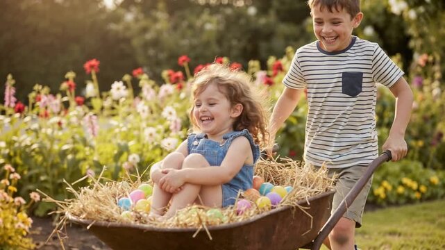 Children playing with wheelbarrow full of colorful Easter eggs in garden. Laughing boy pushing girl in hay. Spring holiday and childhood fun concept