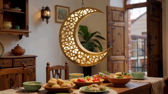 Elegant dining scene with decorative crescent lamp.