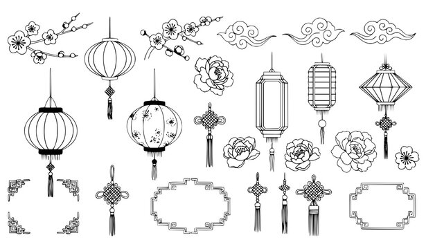 Chinese festival hand drawn decorative element vector set