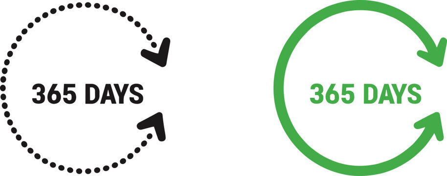 365 days cycle icon set with circular arrows in dotted black and solid green styles for warranty, annual service, and subscription design