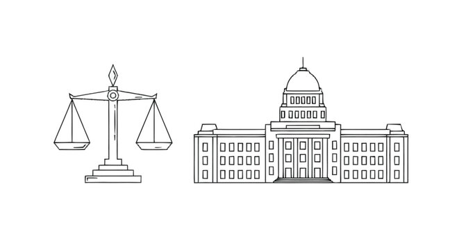 Black and white of scales of justice and government building courthouse