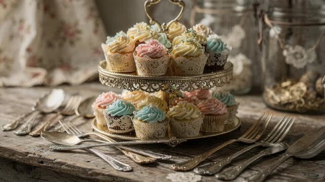 Close medium shot of a vintagestyle dessert table with ornate tiered platters filled with lacepatterned cupcakes and antique silverware soft bokeh blurring the surrounding rustic