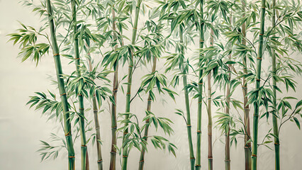 Obraz premium A wall mural featuring tall, lush green bamboo stalks with slender leaves, arranged vertically against a crisp white backdrop.