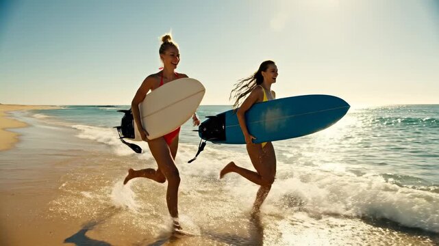 Two cheerful young women, carrying their surfboards, are happily dashing into the sparkling ocean waves on a radiant summer day, embracing the exhilarating thrill and pure excitement of
