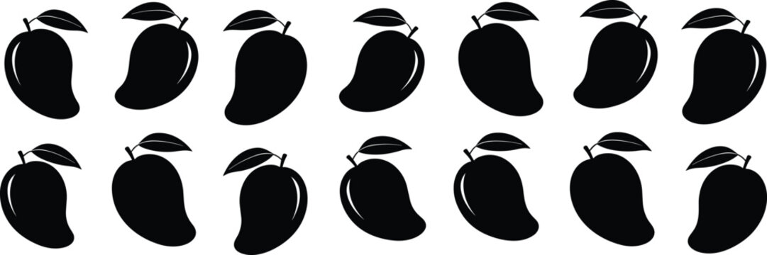 Black Mango Fruit Silhouette Icon Set Isolated on White Background Organic Tropical Summer Food Vector Illustration for Graphic Design Patterns