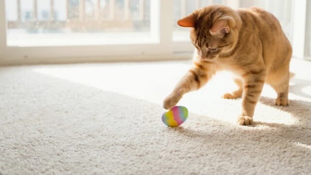 Ginger cat playing with colorful Easter egg on white carpet. Orange tabby kitten batting at toy in bright room