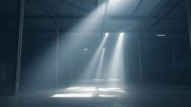 Industrial warehouse space receiving strong shafts of light through roof openings, creating a dusty, mysterious, and atmospheric environment on the empty concrete floor