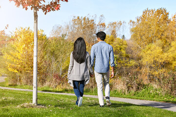 Fototapeta premium Holding hands, walking and back of couple in nature with love, care or bonding on vacation. Outdoor, travel and man with woman in park for connection together on holiday or weekend trip in Autumn.