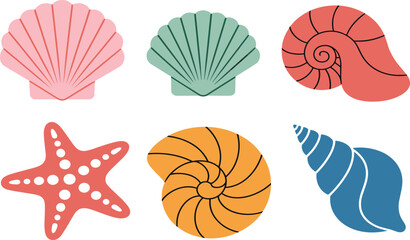 Colorful sea shells and starfish collection for summer beach vacation nautical decor and marine life nature design illustration © Al