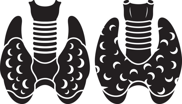 Stylized black and white vector illustration of two human thyroid glands with trachea, medical concept