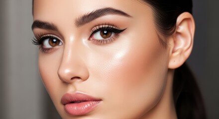 Fototapeta premium A close-up portrait of a woman with a neutral expression, featuring prominent makeup and a sleek hairstyle.