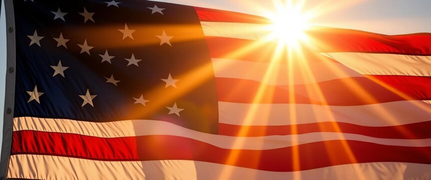 Sunlight streaming through an American flag, creating a warm, golden glow ,  national,  texture