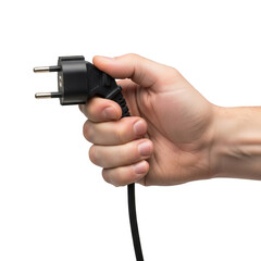 Hand holding a black electrical plug with cord isolated on transparent background