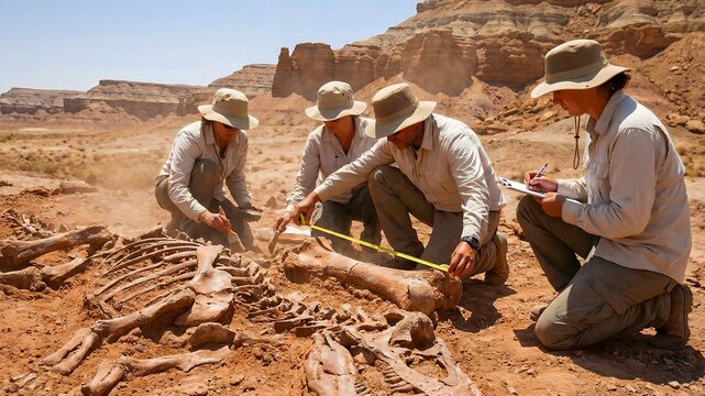 Four dedicated paleontologists carefully excavate and measure a large, ancient fossilized skeleton unearthed in a sun-drenched desert landscape during field research.