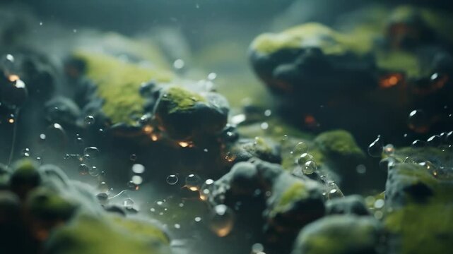 Close up view of vibrant green moss and fungi like formations on a damp organic surface, capturing countless clear water droplets and rising air bubbles with bokeh lighting