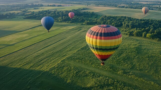 Aerial Perspective of a Colorful Hot Air Balloon Festival Over Lush Green Fields