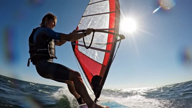 Dynamic windsurfer expertly balancing on a board, body leaning into the powerful sail as it propels him across the glistening ocean water, creating an exhilarating scene of intense