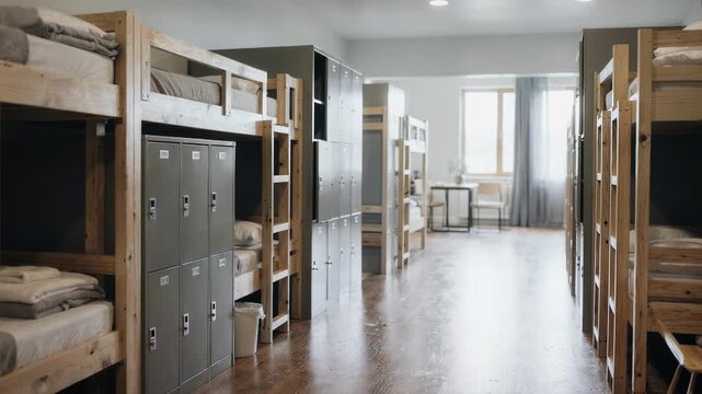 Medium shot capturing adult bunkhouse sleeping quarters highlighting simple wooden bunk beds and minimalist storage lockers with blurred open communal space behind.