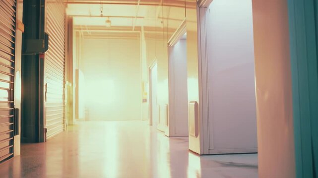 Industrial interior presenting a modern warehouse, featuring a row of open doors and shutter entrance, glowing with bright light at the end of a long hallway