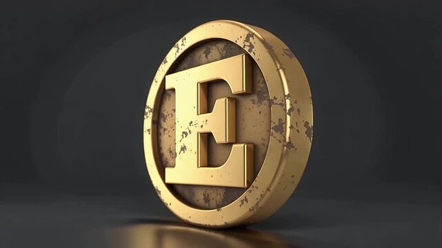 Shiny gold coin with embossed letter E spinning on a dark stage.