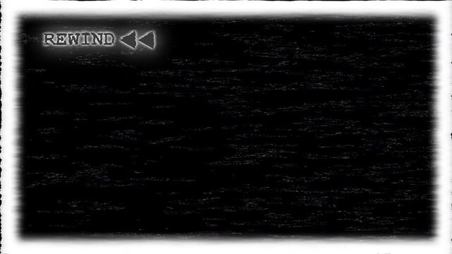 Retro analog VHS rewind screen effect, big arrow symbol center. 4K alpha channel transparent overlay, seamless loop for editing.