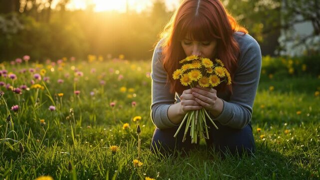 Woman holding bouquet of yellow dandelions in spring meadow. Redhead person kneeling in field of wildflowers during warm sunset
