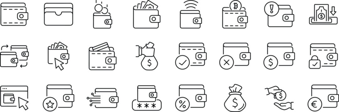 Wallet And Payment Line Icon Set With Money Transfer Banking Security And Digital Transactions