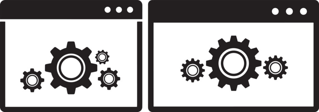 Black and white vector illustration of two web browser windows displaying gears, symbolizing settings, configuration, or system mechanics.