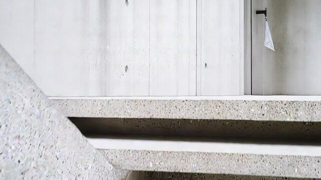 Gray concrete staircase with an exposed aggregate finish displaying clean lines, abstract shapes, and a textured surface, contributing to a contemporary architectural background