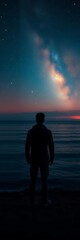 Obraz premium Contemplative figure on shore gazing at twilight ocean and starry expanse, twilight, beach