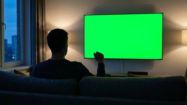 Man Watching Green Screen TV Living Room Night