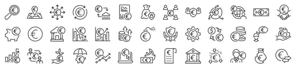 Set of 39 outline icons related to euro. Linear icon collection. Editable stroke. Vector illustration
