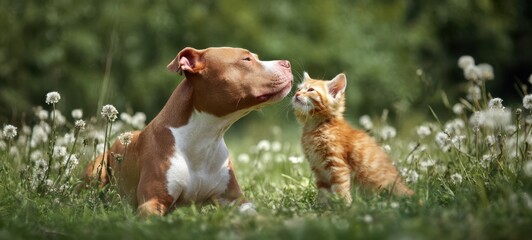 The dog and kitten sharing a tender moment in a clover filled summer meadow