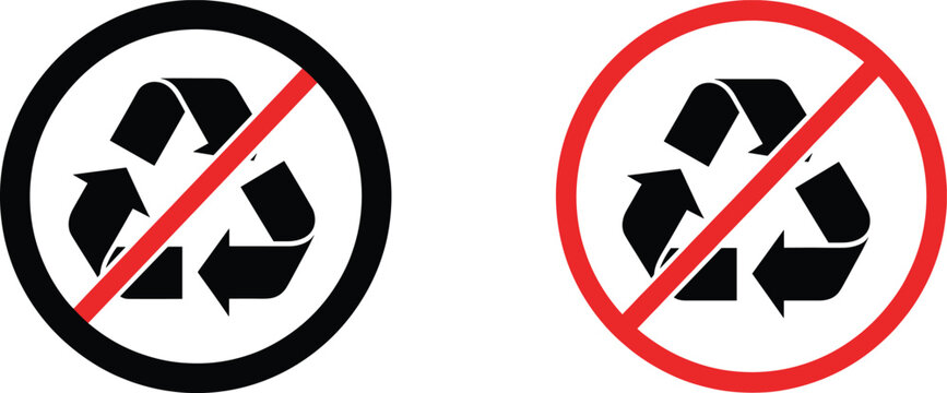 No recycling prohibition sign icon set with crossed recycle symbol in black and red circular warning styles