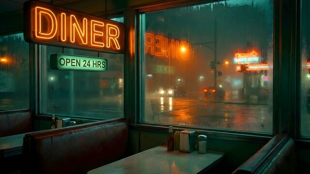 Moody, atmospheric view from inside a cozy, dimly lit diner booth showing neon signs reflecting through a rain-streaked window onto a wet city street outside.
