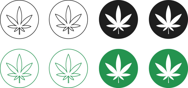 Cannabis leaf icon set in circular outline and solid styles with black and green variations for marijuana branding design