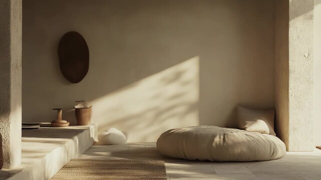 Serene minimalist interior design featuring natural light creating abstract shadows, earthy tones, and a rounded floor cushion, conveying a peaceful and calm aesthetic