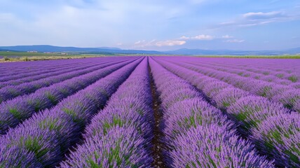 Obraz premium Aerial Shot of a Vast Lavender Field in Full Bloom with Vibrant Purple Flowers Under Clear Sky