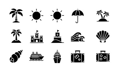 Monochrome minimal tropical island vacation icon set © Shakib